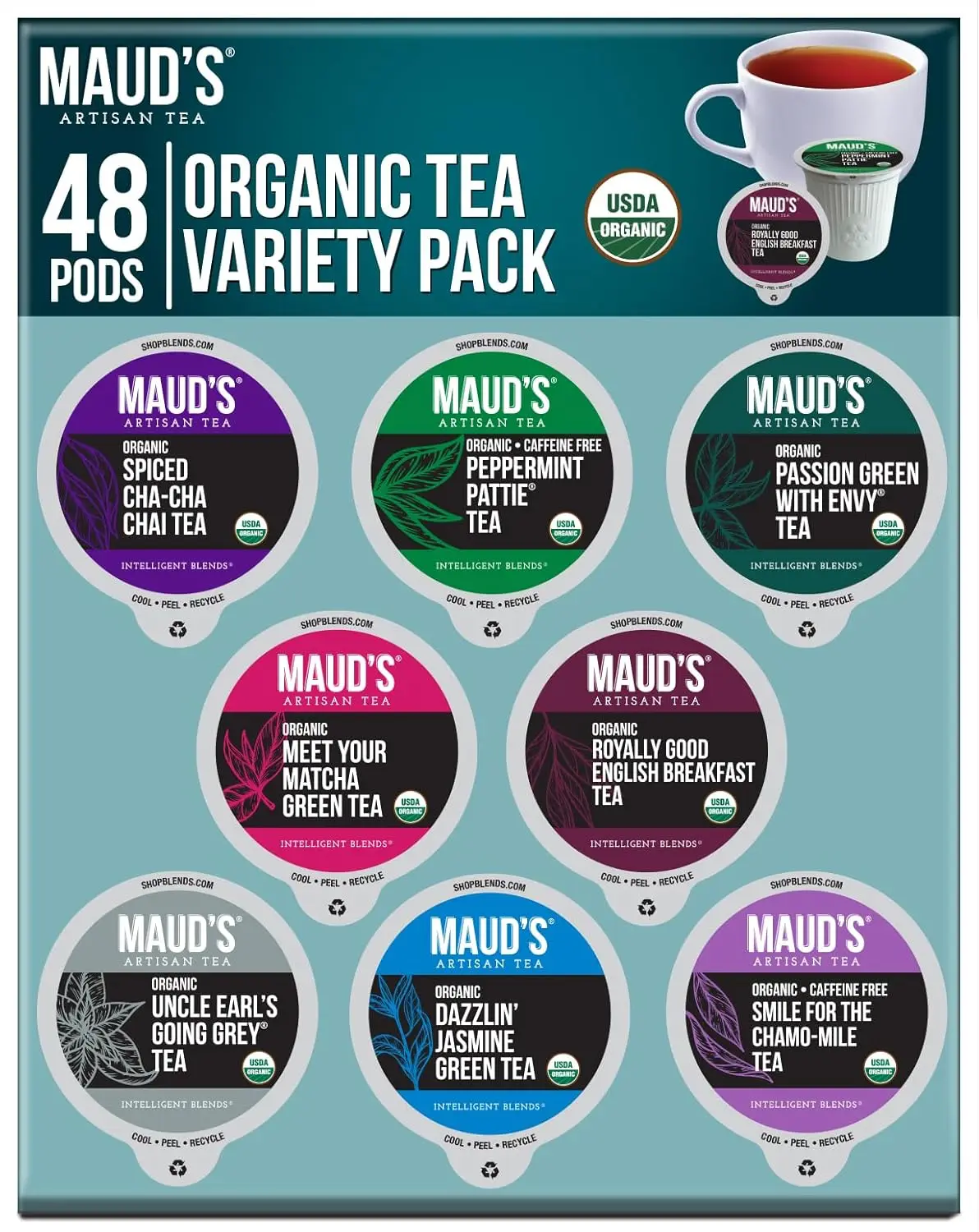 

8 Blend Organic Tea Pods Variety Pack, 48 Ct, 8 Assorted Flavors, Recyclable Single Serve Pods –100% Gourmet Blended Tea
