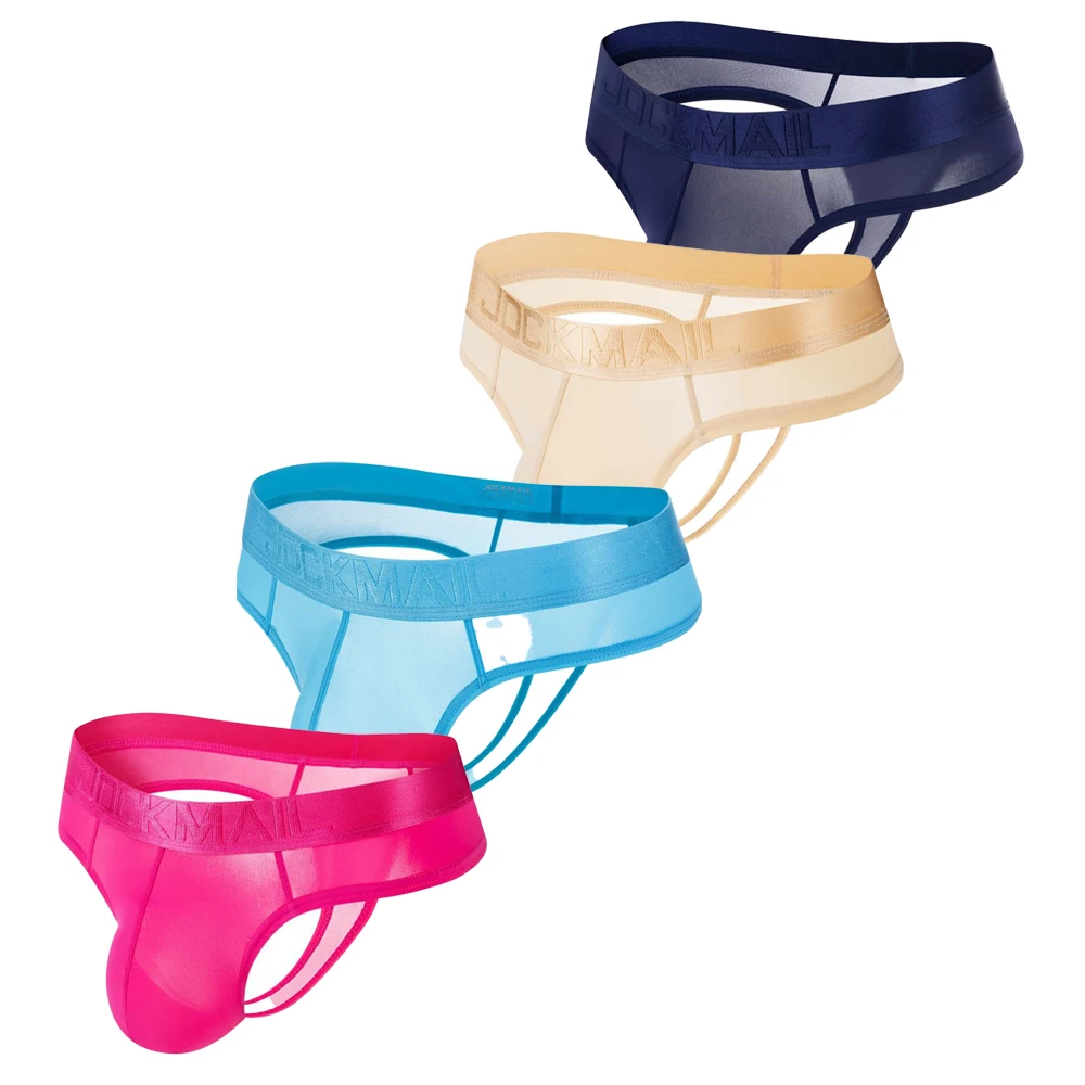 4PCS JOCKMAIL Mens Sexy Underwear Thongs Ice Silk Ultra-thin Translucent Man Briefs Bikini T Thongs Braguitas Sexys Masculinas