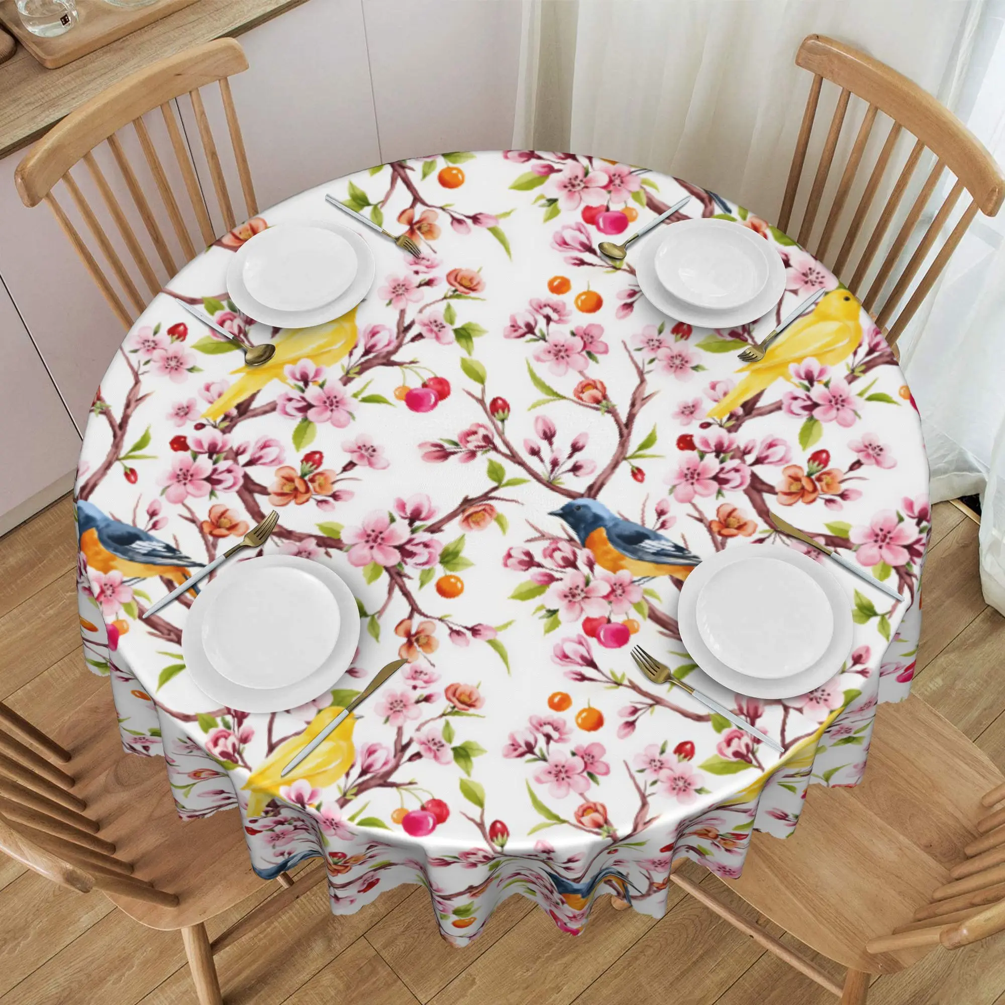 Nappe ronde de luxe à motifs d'oiseaux et de fleurs de cerisier, imperméable et résistante à l'huile, 60 pouces