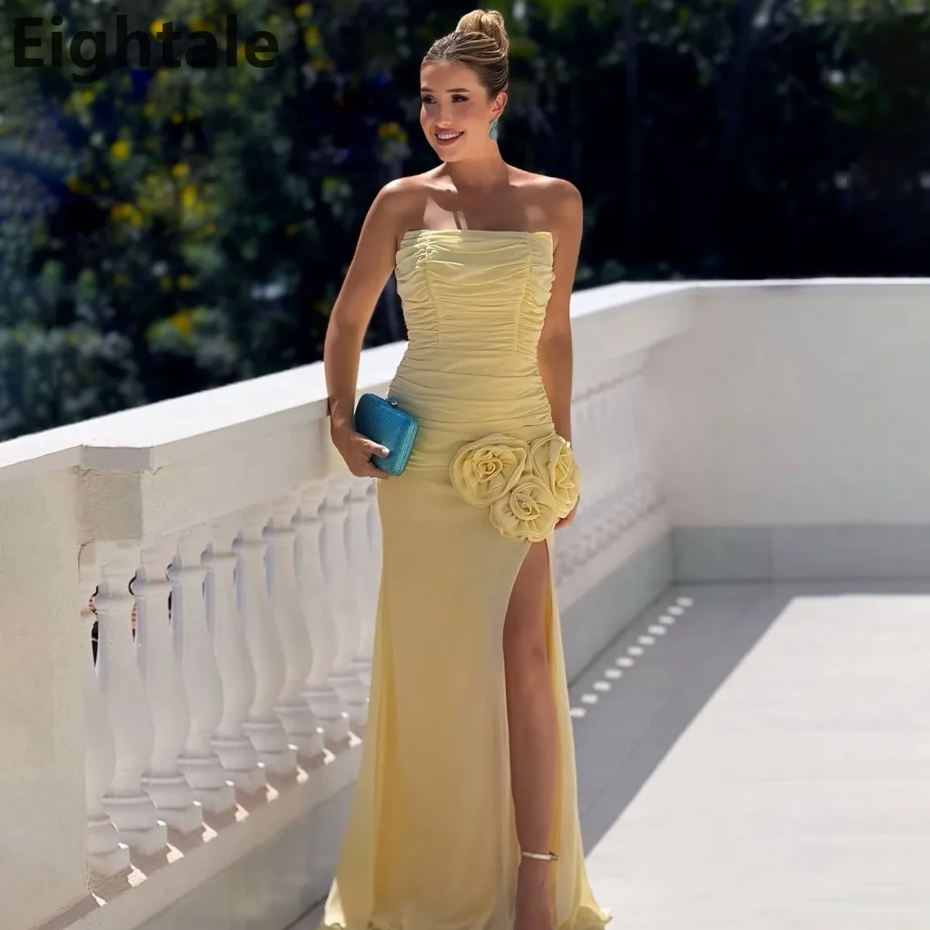 

Eightale 2025: желтое шифоновое вечернее платье русалки макси без бретелек, платье для выпускного вечера с цветами, вечернее платье в Дубае по индивидуальному заказу