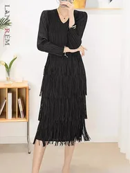 LANMREM Pleated Tassels Dress Women V-neck Solid Color Long Sleeves Dresses Fashion 2024 Summer New Casual Clothing 2AA5326