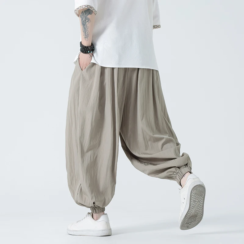 Pantalones informales Harajuku para hombre, pantalón Harem de pierna ancha para correr, de lino y algodón, de gran tamaño, primavera y verano, 2024