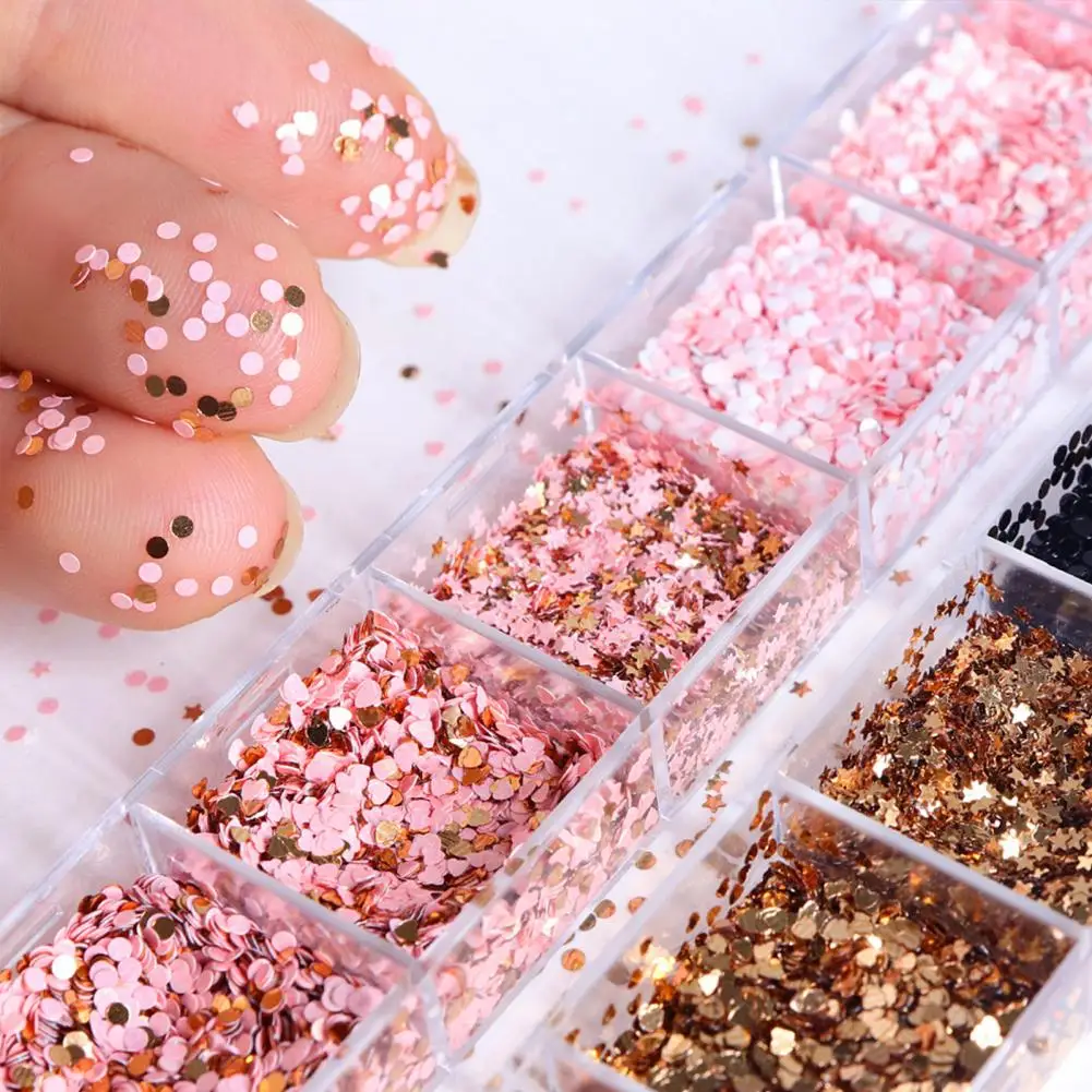12 Grids Glitter Nail Art Sequins Mini Star Love Heart Round Holographic Nail Charm Foils DIY Manicure Decoration Accessories