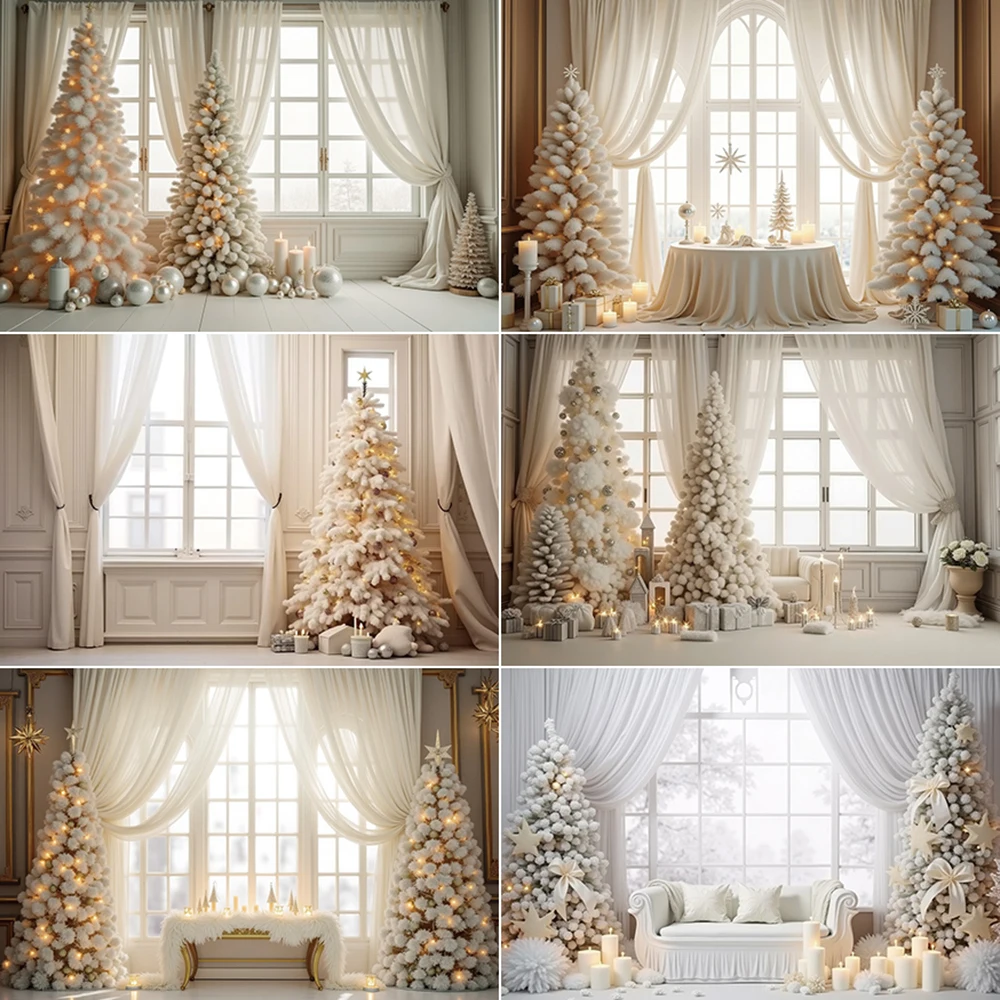 

MOON.QG Christmas White Curtains Snow Tree Photography Background Window Home Party Decorations Backdrop Photo Studio Supplies