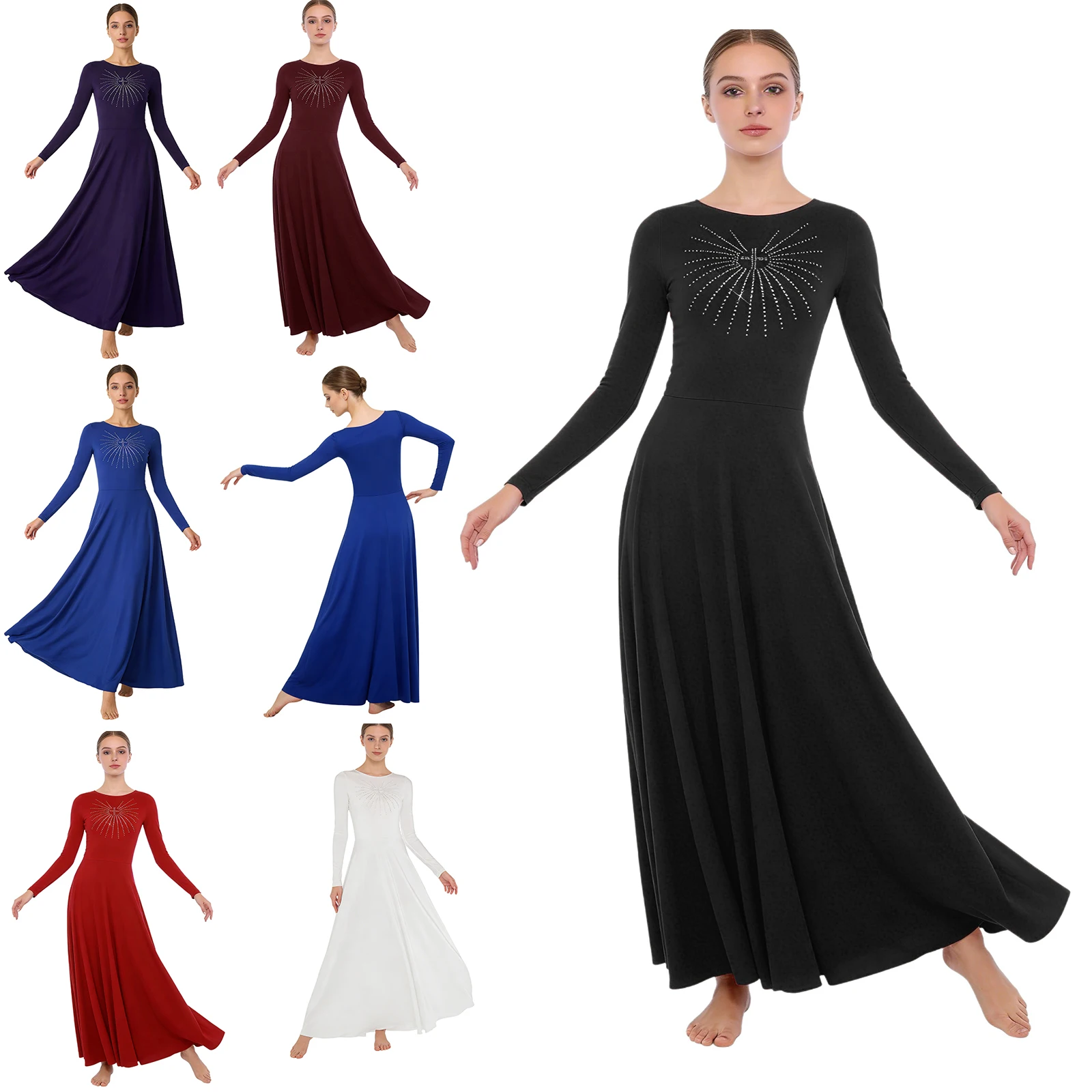 

Women Long Sleeve Shiny Rhinestone Liturgical Praise Lyrical Dance Dress Choir Worship Gown for Church Event Stage Performance