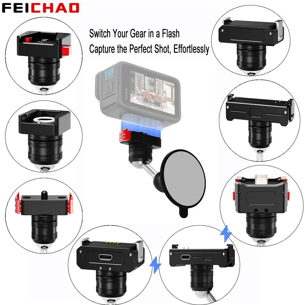 لاصق مرن، عصا قوية، حامل سريع التحرير 360 درجة °   قاعدة مغناطيسية مزدوجة برأس كروي لكاميرا GoPro13 DJI Action2 Insta360 Go3 X4