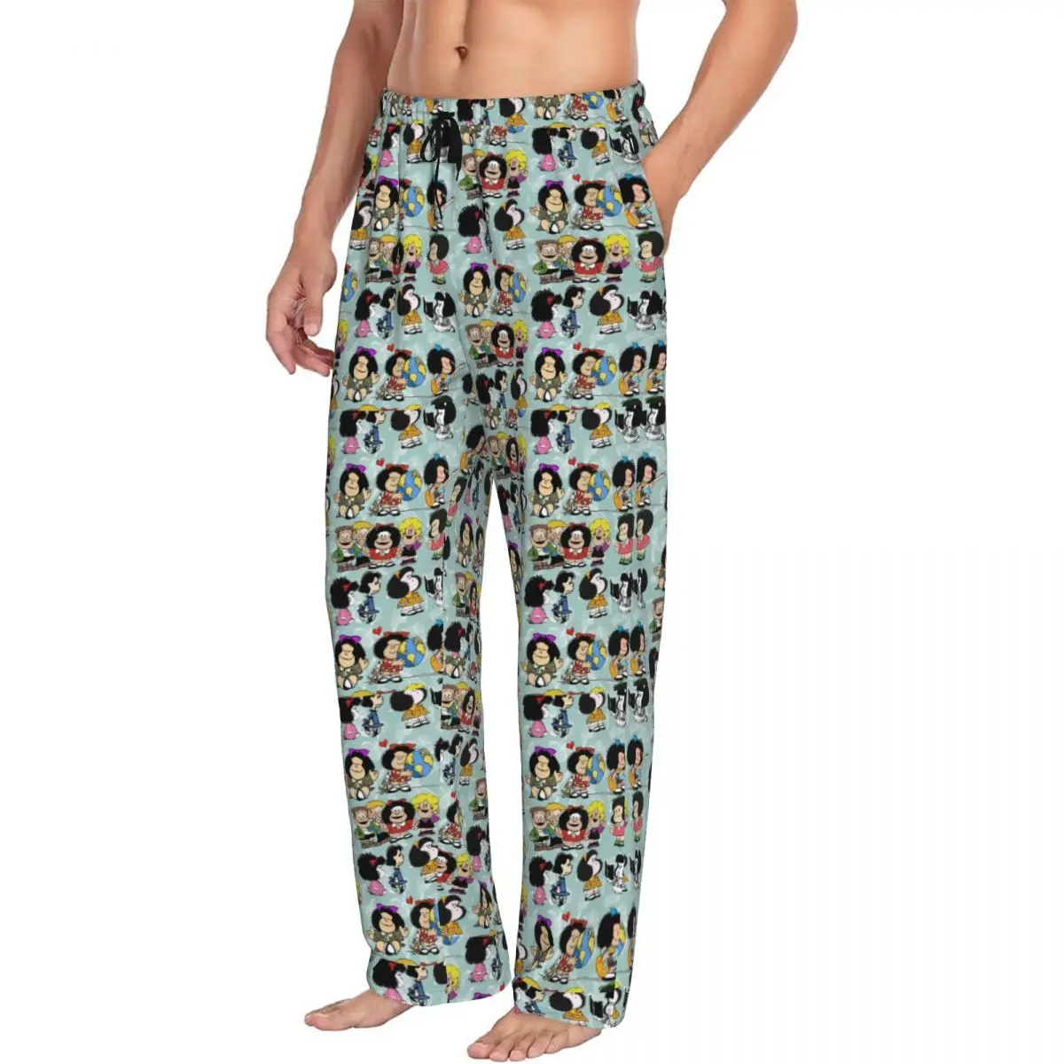 Custom Mafalda Quino Comics Pajama Pants Sleepwear Men's Elastic Waistband Cartoon Sleep Lounge Bottoms with Pockets