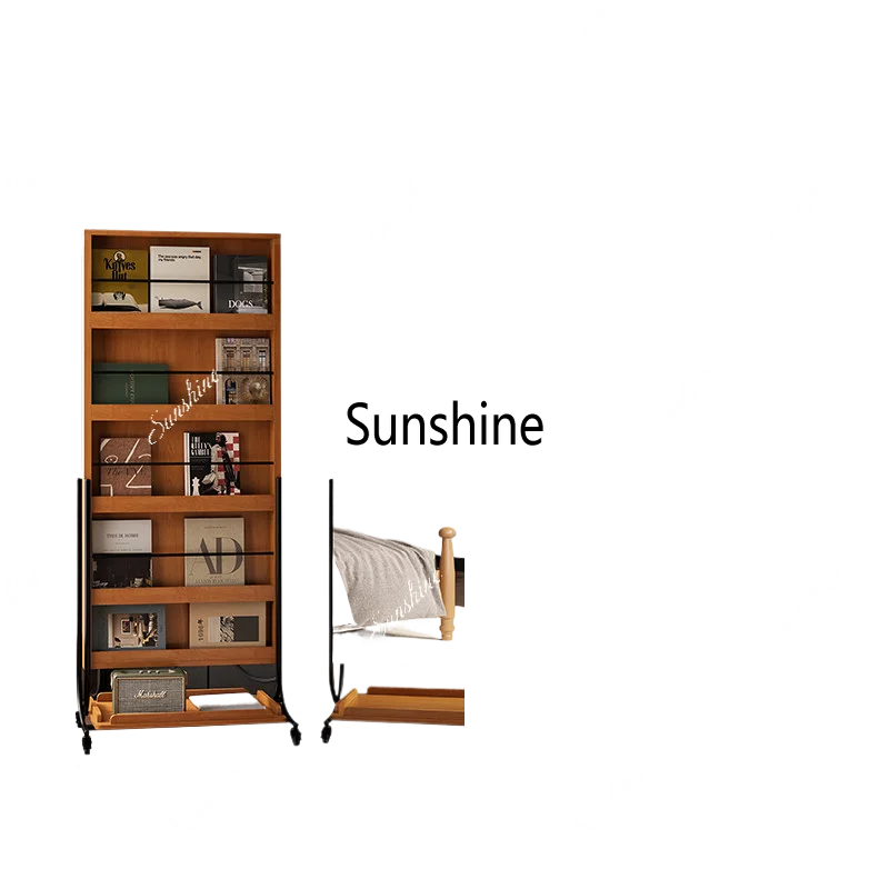 YLH Magazine Rack Movable Full-length Mirror Walnut Bedroom Full-length Floor Mirror Storage