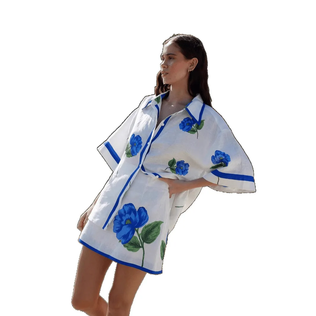 Mode bedrukte top met halve mouwen en korte rok voor dames zomer casual revers button-up shirt en korte rok