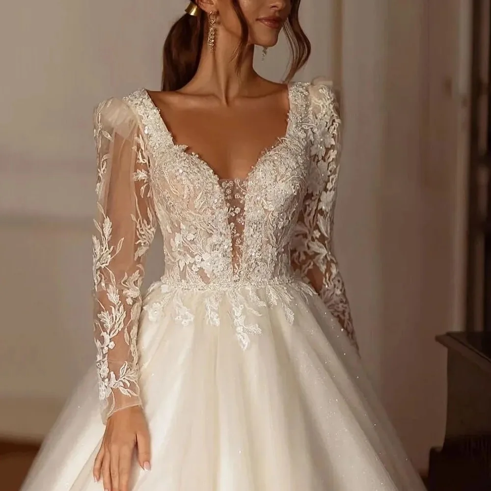 Robe de mariée A-ligne personnalisée, appliques à manches longues, robe de mariée de luxe, dentelle, tulle exquis, nouveau