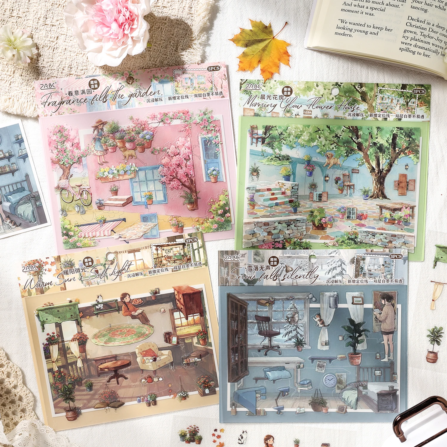 

3Pcs "Garden & Room" PET Scene Stickers, 3D Cottagecore Interior & Exterior Decals