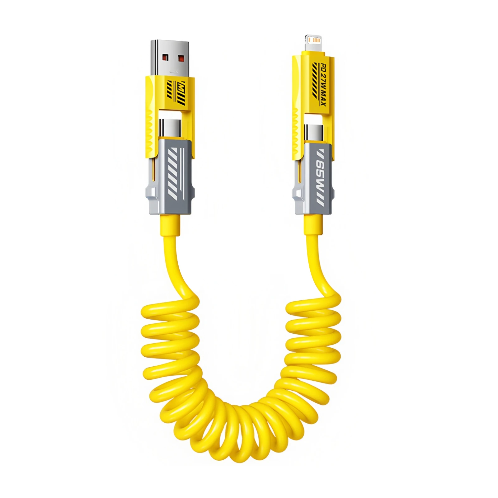 كابل USB ملفوف 4 في 1، سلك شاحن قابل للسحب بقدرة 65 وات ومزامنة البيانات، سلك شحن سريع لهاتف iPhone 17/16، iPad، Samsung Galaxy S24