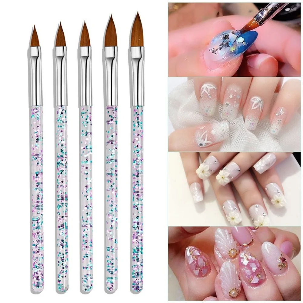 Ensemble de brosses à ongles professionnelles, 5 pièces, poignée en cristal, acrylique, Gel UV, sculpture, stylo à paillettes