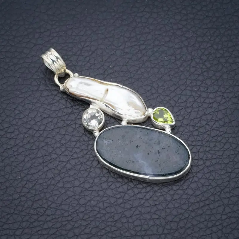 StarGems Natural Moss Agate&Biwa Pearl,Green Amethyst And Peridot Handmade 925 Sterling Silver Pendant 2 1/4