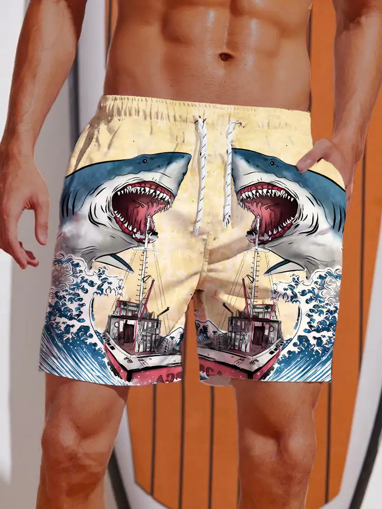 3D Printed Ukiyo-E Giant Fierce Shark And Cruise Ship Printing Shorts Men's Board Shorts Swim Trunks Drawstring Breathable Short