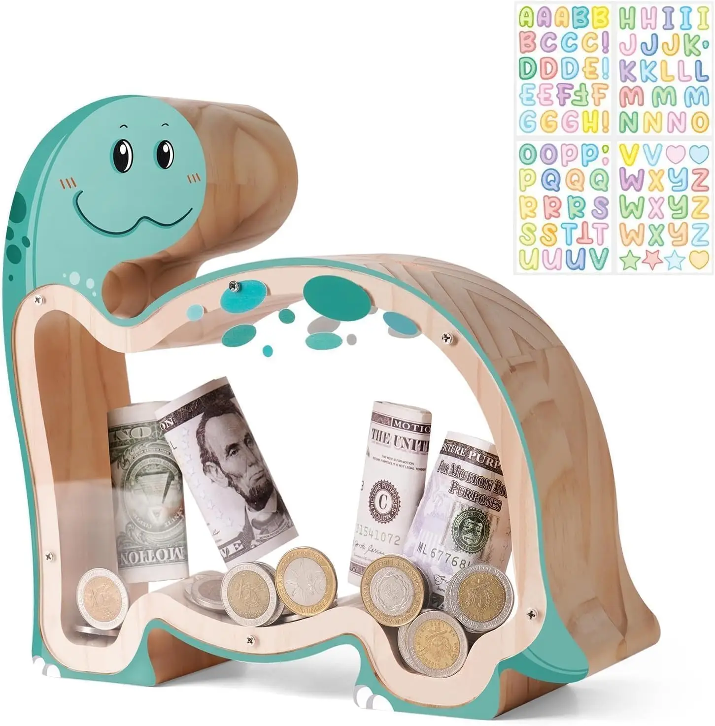 Wooden Dinosaur Piggy Bank For Kids Unbreakable Brachiosaurus Money Coin Bank With Diy Stickers Money Box Gifts For Kids