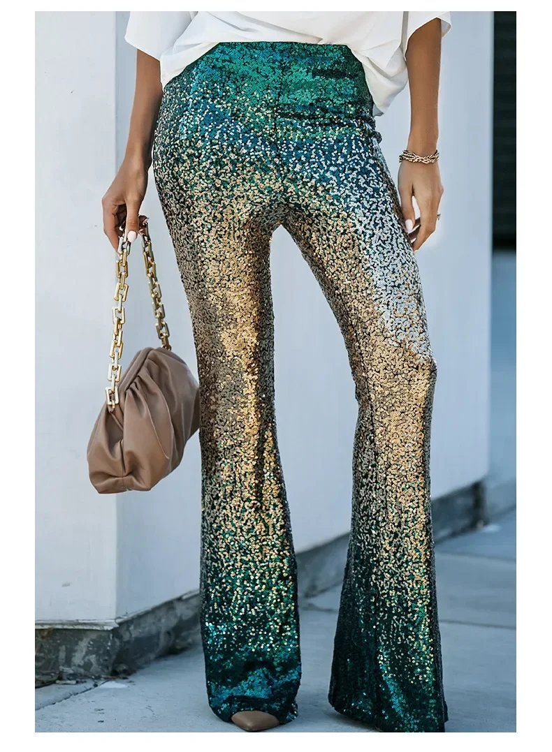 

High Waisted Glitter Pants for Women 2024 Spring Summer Clothing Sparkly Sequin Flare Trousers Party Clubwear