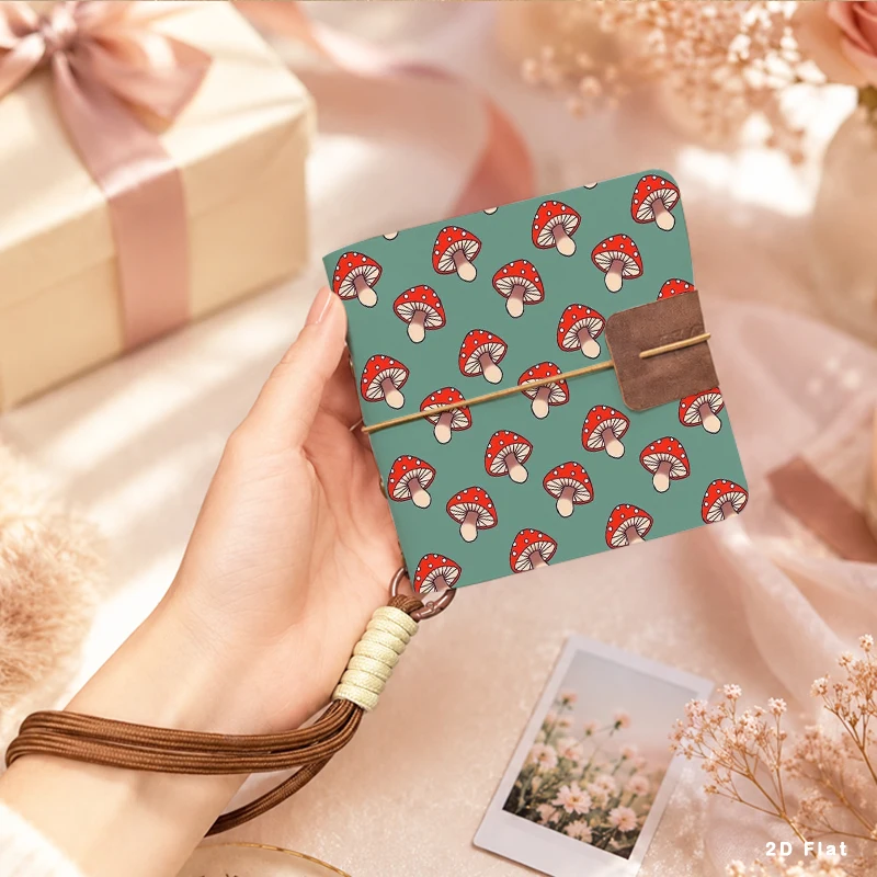 Cute Red Mushroom Print Mini Photo Album Portable Pocket Photo Storage Book with Detachable Wrist Strap Ideal Gift for Girls