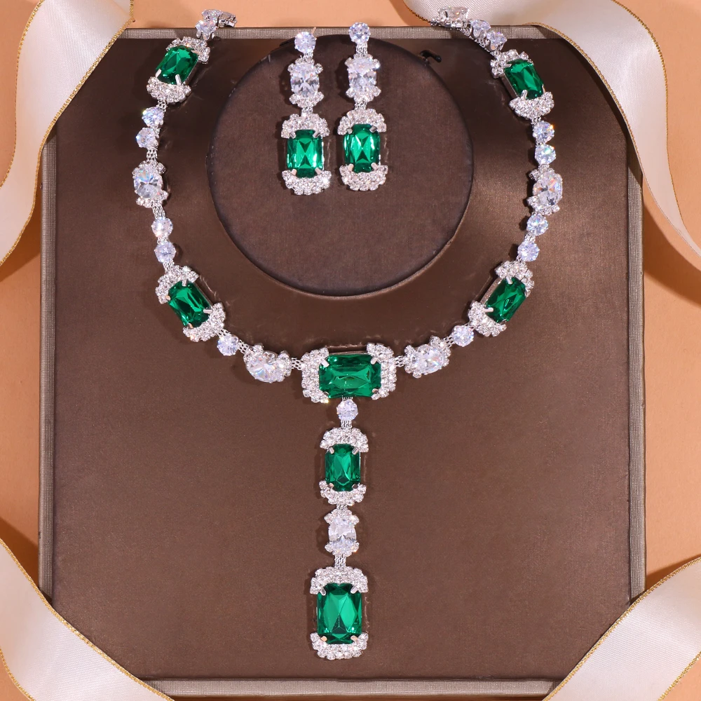 Stonefans Green Crystal African Jewelry Set Square Drop for Women Luxury Zircon Necklace Earrings Bridal Jewelry Set Accessories