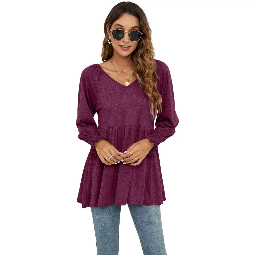 

Women's V-neck Bubble Sleeve Long Sleeve T-shirt Autumn Winter New Fashion Europe And US Top