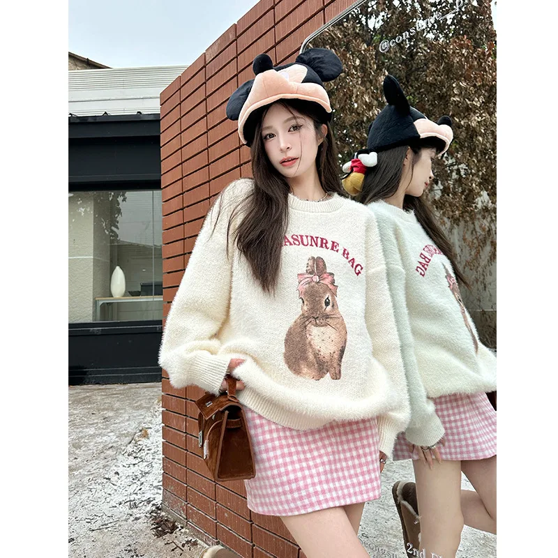 Y2K Printed Loose Pullover Sweater for Women Winter Warm Round Neck Pullover Fashion Long Sleeve Sweaters Ladies