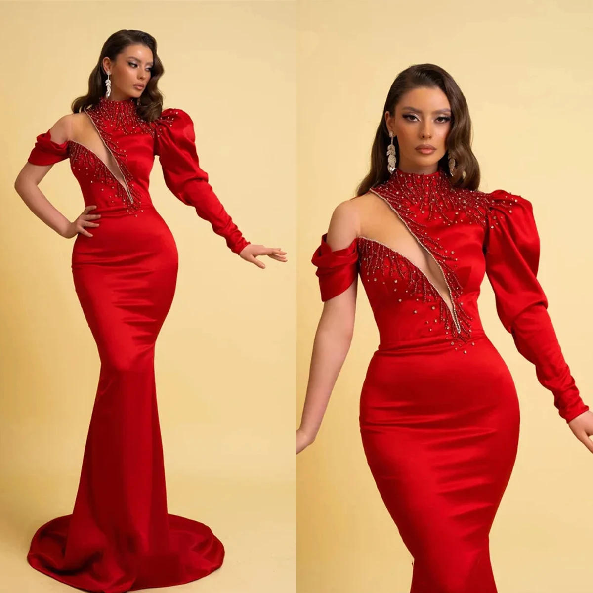 Luxurious Mermaid Evening Dresses One Shoulder Appliques Prom Gowns Custom Made Long Sleeves Sweep Train Special Occasion Wear