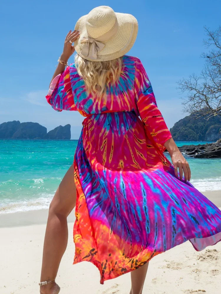 Colorful Beach Kimono Cover-up for Women, Rayon Beach Tunic, Bikini Cover Up, Oversized Kaftan Pareos, Beach Shirt Dress