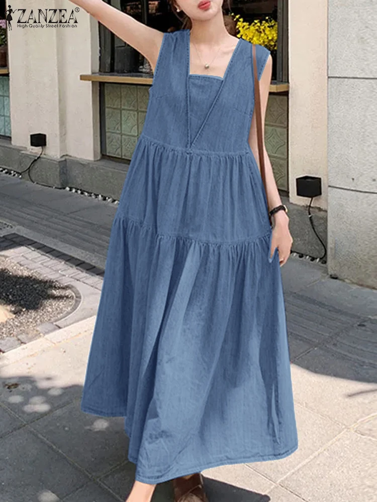 ฤดูร้อนเกาหลีสไตล์ Ruffles ชุด ZANZEA แฟชั่นผู้หญิงแขนกุด DENIM Blue Sundress ชุดลําลอง 2024 Robe Femme