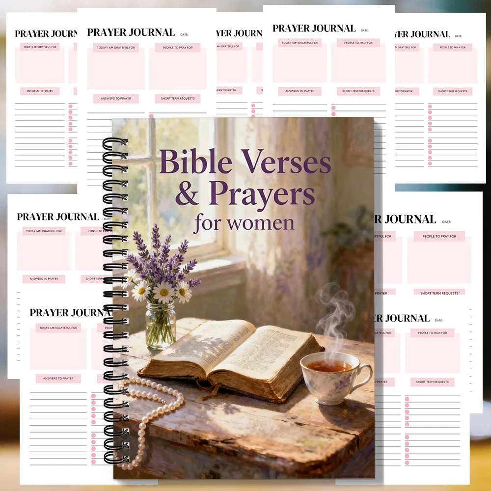 1 Cuaderno Espiral con Versículos Bíblicos y Oraciones para Mujeres, Cubierta de Biblia y Taza de Té, para Reflexión Devocional Reconfortante, Ideal para