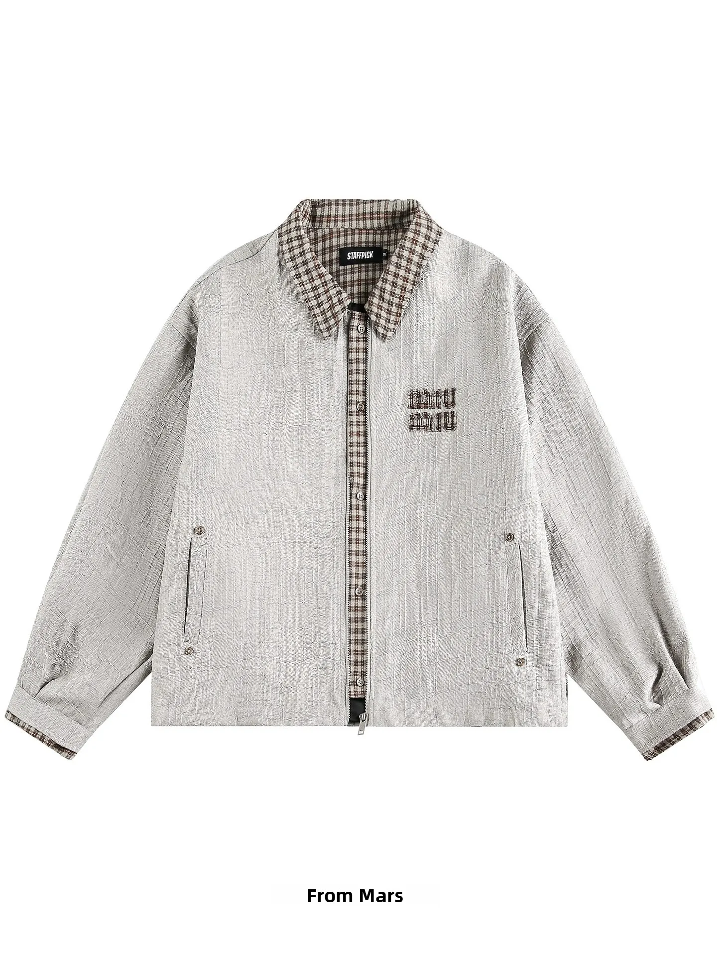 

Loose Fit Plaid Patchwork Design Zipper Jacket Outerwear from Active Response Trendy Brand Youthful Long Sleeve Cotton J...