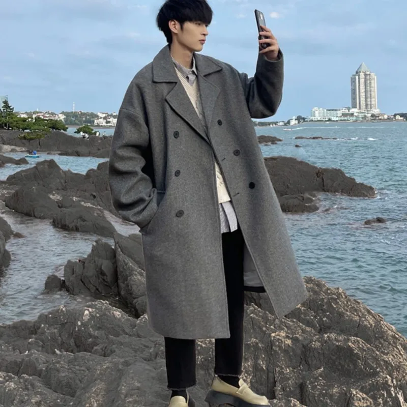 

Long Dust Coat Men Winter Korean-style Trench Mens Solid Double Breasted Woolen Cloth Coat Loose Casual Trenchcoat Outwear