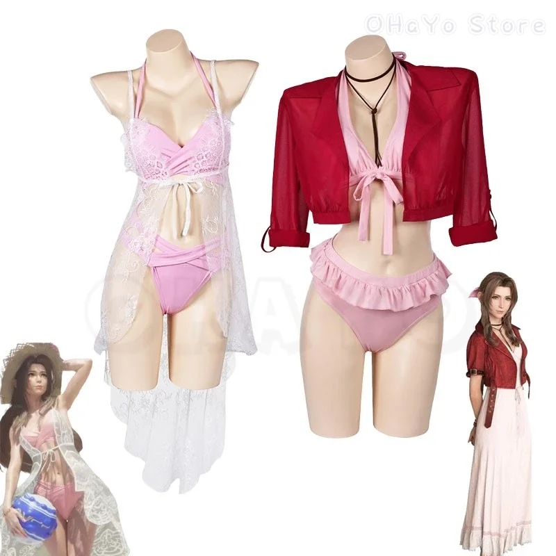 Final Fantasy VII Cosplay Costume Aerith Gainsborough Cosplay Suit Pink Bra Women Summer Bikini Swimsuit Underwear Cloak 3pcs