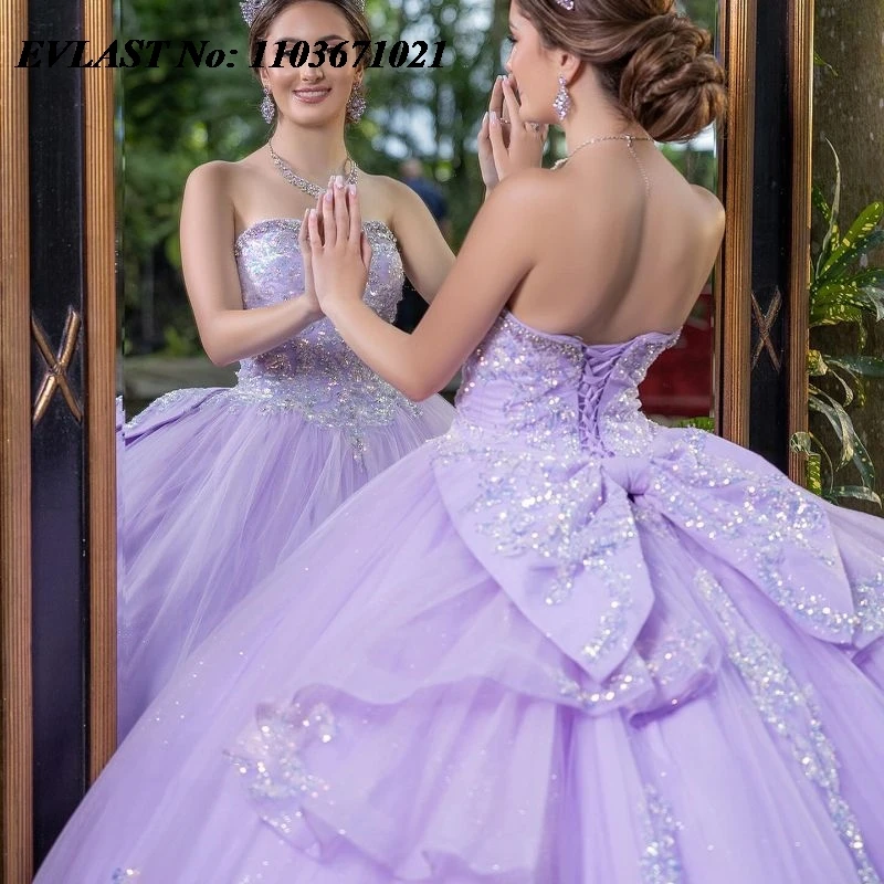 EVLAST Customized Lilac Quinceanera Dress Ball Gown 3D Floral Applique Beading Tiered Bow Sweet 16 Vestidos De XV 15 Anos SQ133