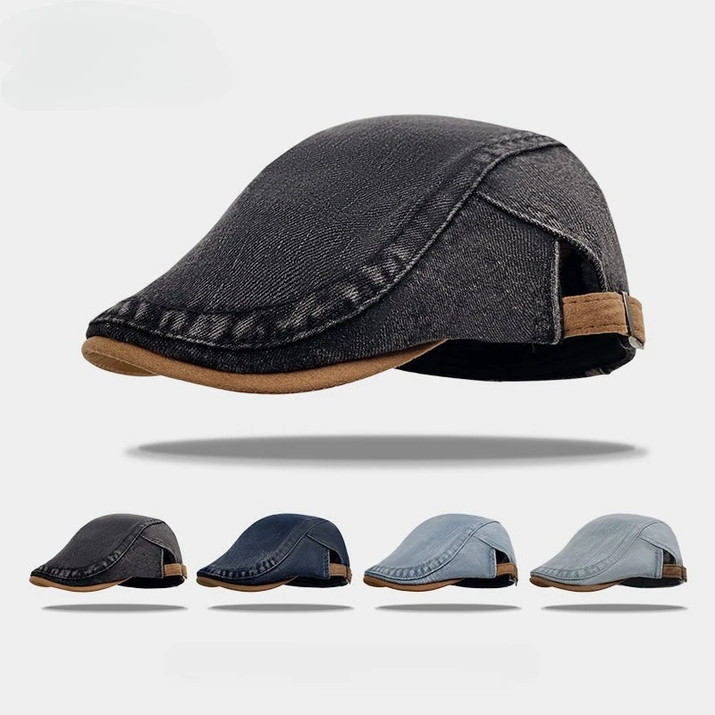 Denim Flat Cap Men Women Black Washed Newsboy Cap Vintage Retro Ivy Hat Casual Adjustable Leather Trim Gatsby Beret Hat