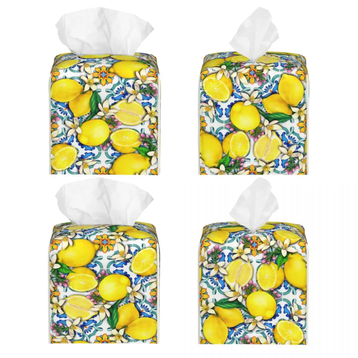 Custom Mediterranean Lemons Tiles Tissue Box Cover PU Leather Square Facial Tissues Holder for Car