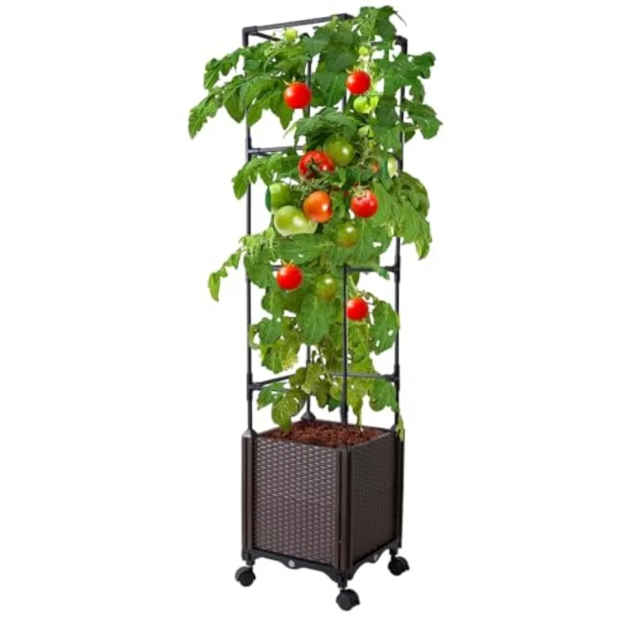 

Приподнятая грядка с опорой для томатов и шпалерой, 56 дюймов, самополивающаяся, для овощей и цветов, на блокируемых колесах, вертикальная