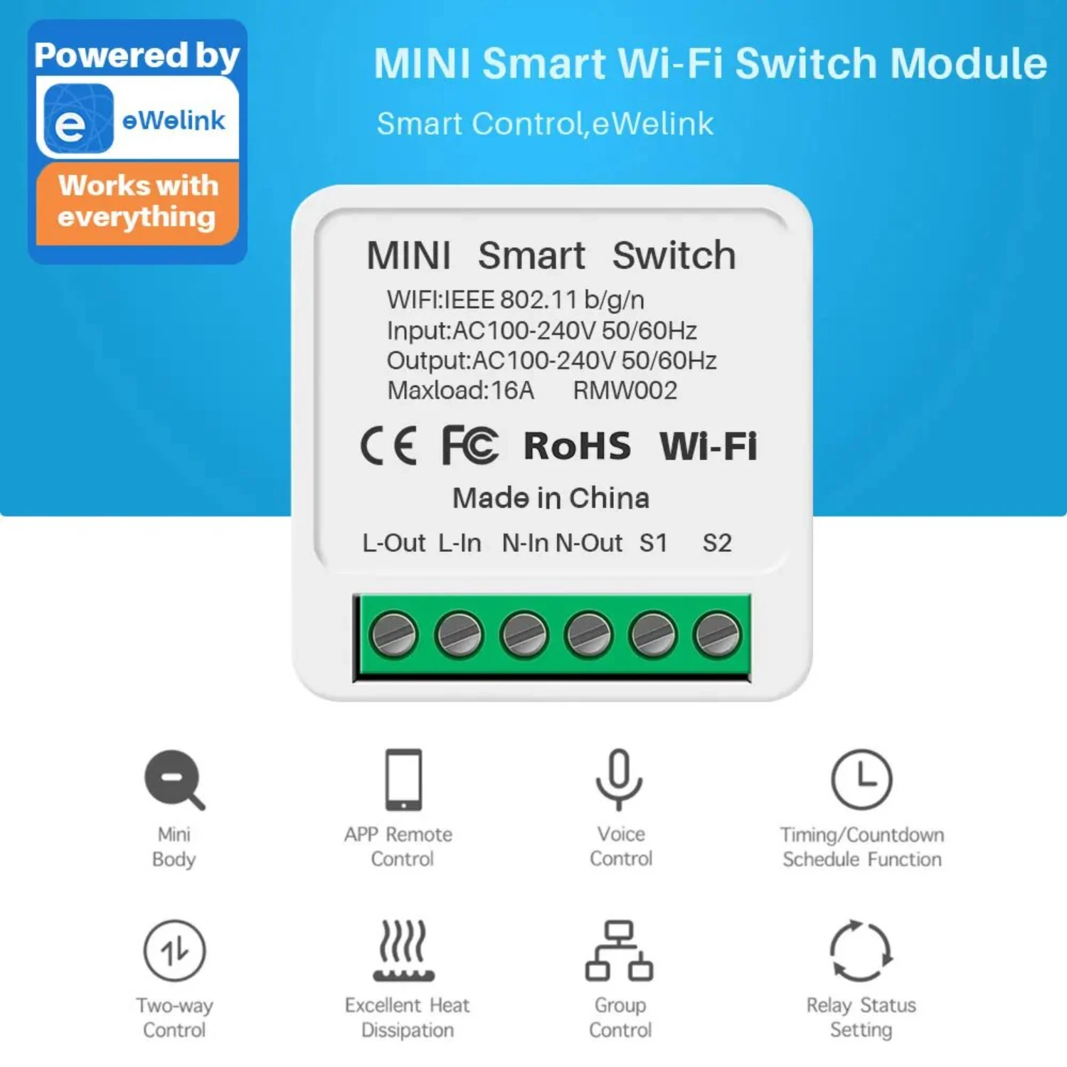 Enhanced 16A Wifi Mini Smart 2-Way DIY Switches with Circuit Breaker Timer Module, Support Alexa and SmartThings