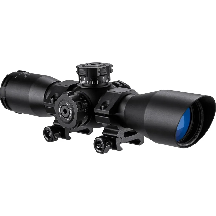 

Compact Rifle Scope with Red Green Illuminated MilDot Reticle for Precision Targeting in LowLight Conditions Featuring Side Rhe