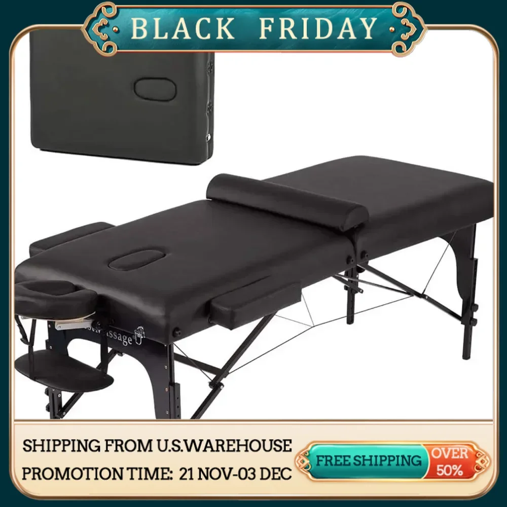 Massage Table 4 Inch Memory Sponge Portable Massage Bed 77” Long 30” Wide Height Adjustable 2 Fold PU Facial Cradle Salon Table