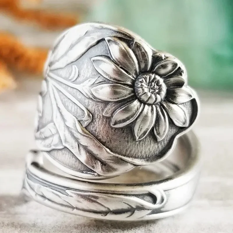 Anillo de dedo de girasol de Color plateado antiguo para mujer, anillos ajustables Vintage bohemios, accesorios de uso diario, joyería de fiesta