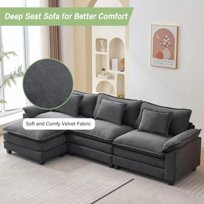 QWL Shape Sofa Comfy Sectional Cloud Couch for Living Room with Pillows,Modern Velvet Sofa Sleeper Deep Couches with Ottoman image 5