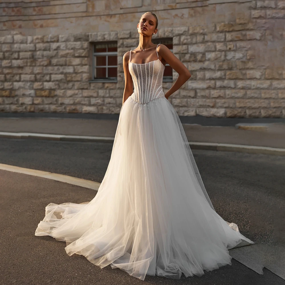

Новейшие свадебные платья трапециевидной формы из тюля без бретелек, вечернее платье с корсетом и открытой спиной для женщин, платье невесты, платья de novia