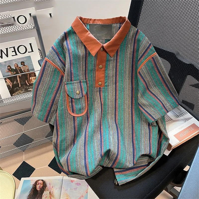 

2024 New Summer Hong Kong Style Niche Trendy Brand Casual Loose Oversized Lapel Contrasting Stripes Short Sleeved Polo Shirt Top