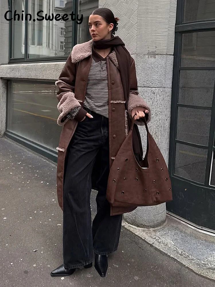 Elegante dames nepbont patchwork leren jas losse revers volledige mouw enkele rij knopen overjas 2025, herfst winter dame uitloper