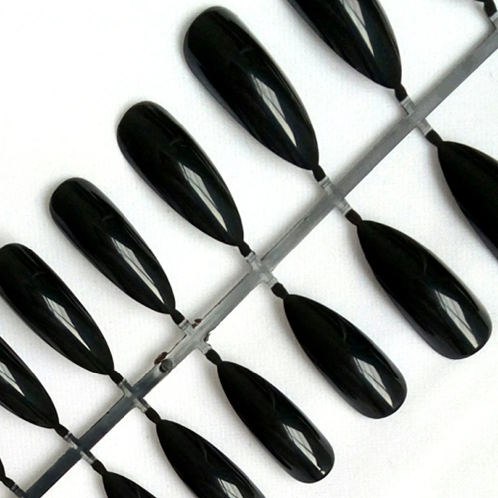 48Pcs Shiny Black Press On Fake Nails With Glue Long Stiletto False Nails For Woman Full Cover Finger Tip Manicure Tool