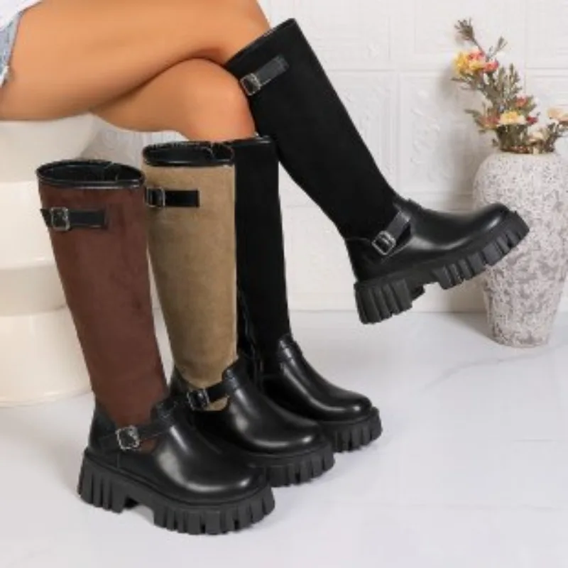 2026 Retro Splicing Buckle Decor Thick Soled Women's Mid Calf Boots Fashion New Round Toe Comfort Side Zipper Women Long Boots