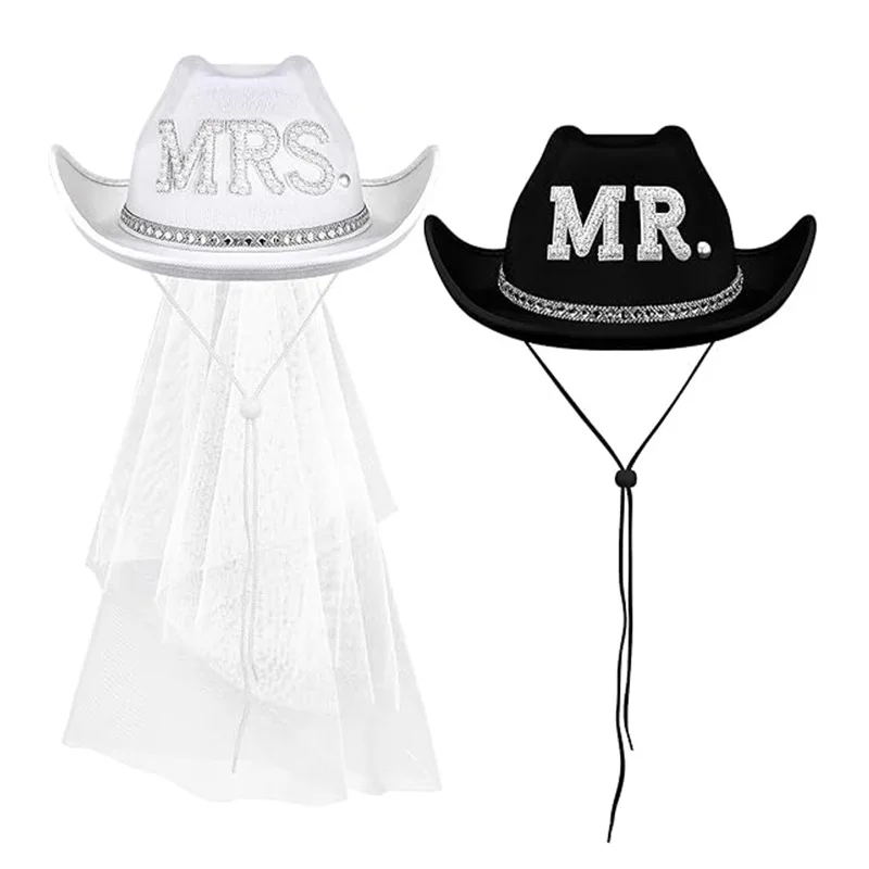 

Черно-белая ковбойская шляпа Mr. Groom Diamond с пайетками и фатой для невесты/жениха