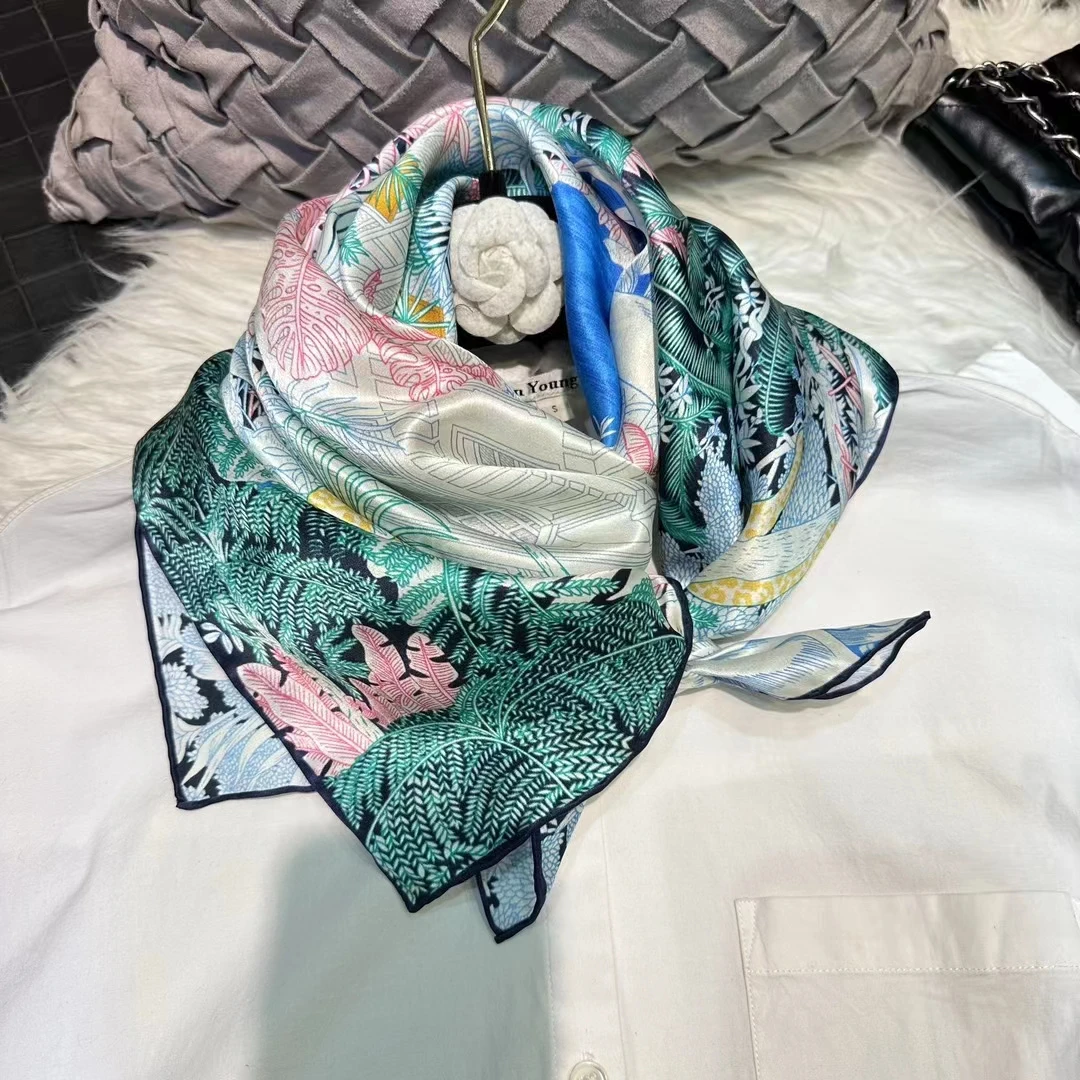 BYSIFA|Women Blue Pink 100% Pure Silk Shawl Scarf Winter Brand Floral Design 100% Mulberry Silk Square Scarves Hijabs Bufanda