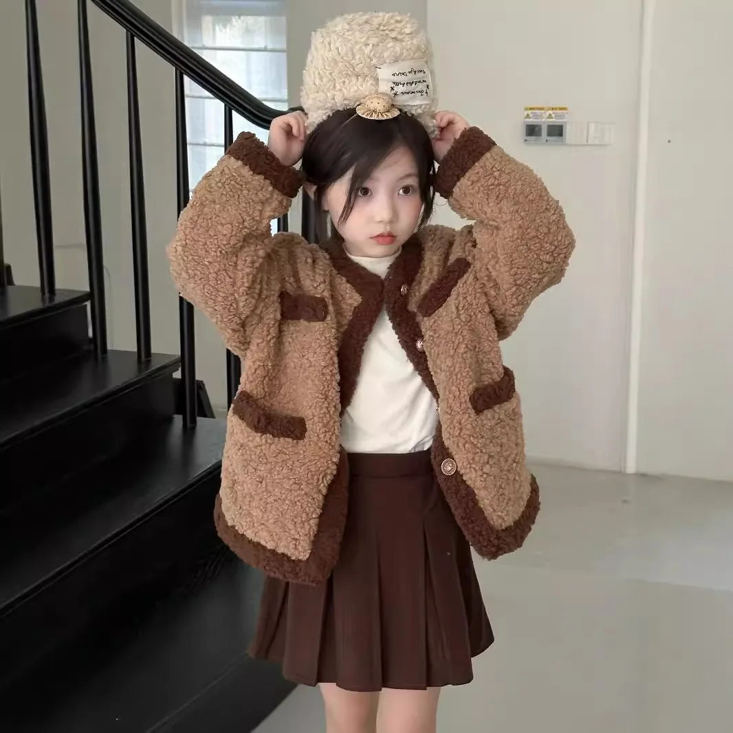 

Children Set 2024 Winter Korean Girl Matching Color Fur Coat Coat Pleated Skirt Set Treasure Coat and Skirt Winter Two-piece Set