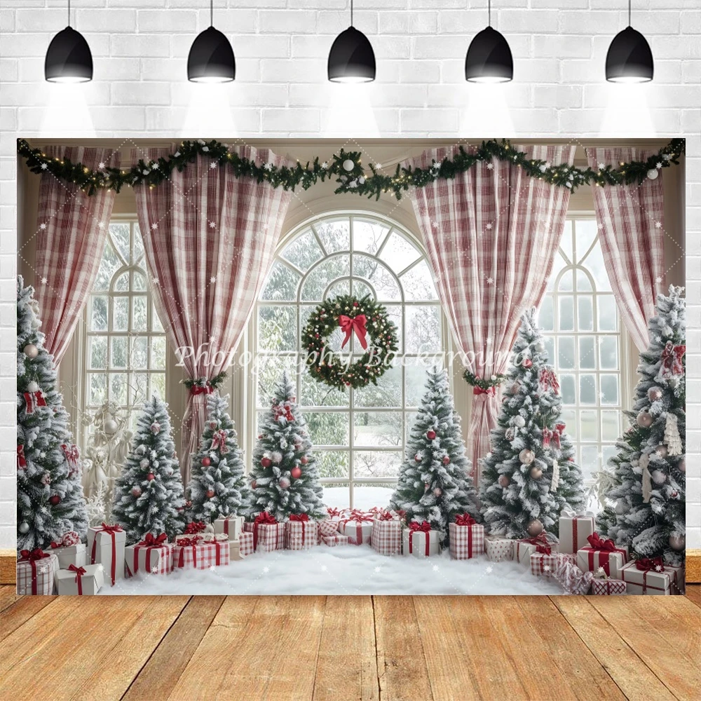 Interior Christmas Decoration Backgrounds for Photographs White Window Pink Curtains Forest Scene Famliy Portrait Decor Backdrop